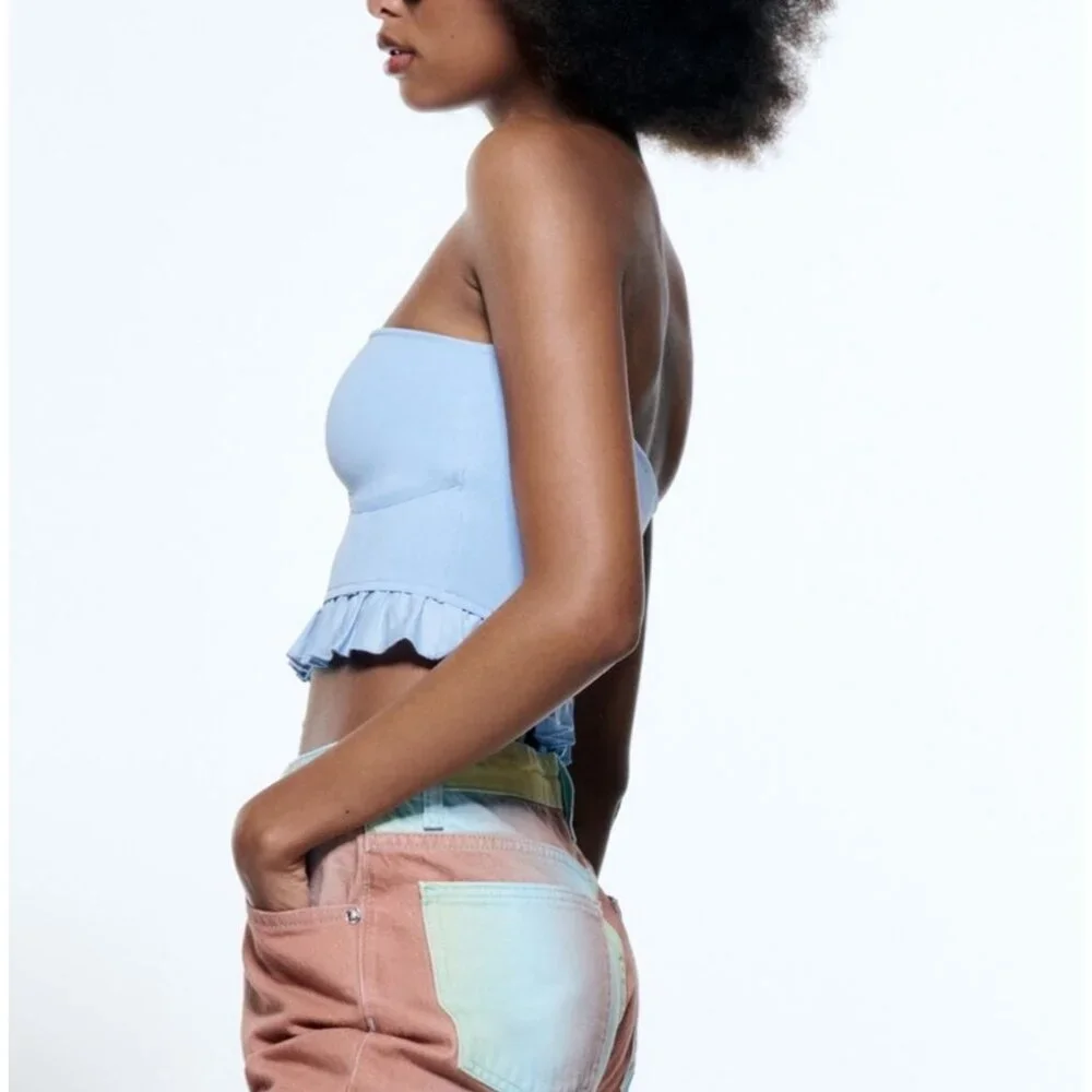 Zara Light Blue Ruffle Corset Bandeau Crop Top | Coastal Cowgirl Balletcore Boho - Picture 6 of 16
